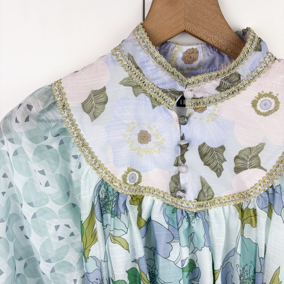 INA Rhythm Trimmed Billow Mini Dress Floral Blue Gold Puff Long Sleeve NEW Small - Picture 3 of 10